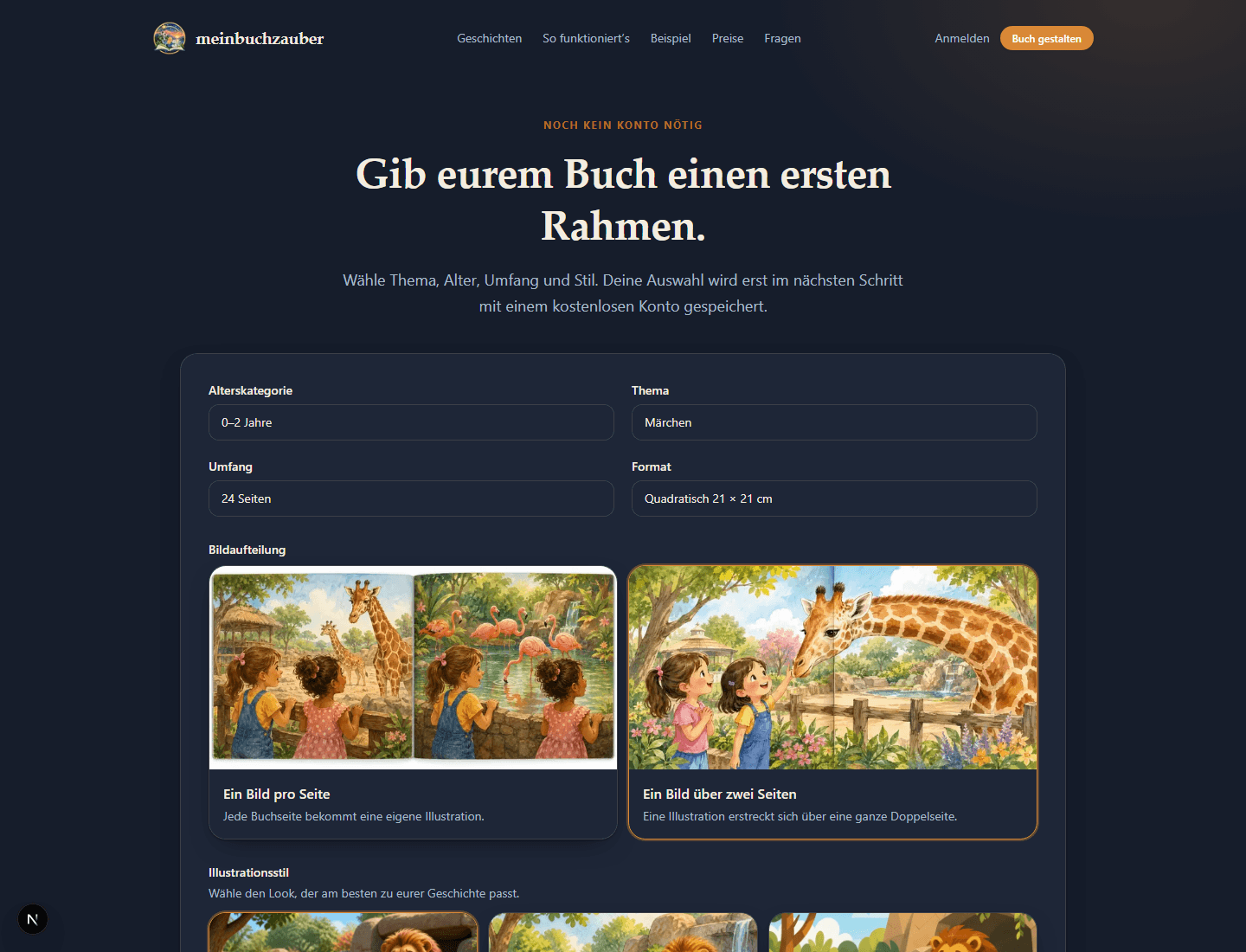 Ansicht der Buchgestaltung mit Auswahl von Thema und Illustrationsstil