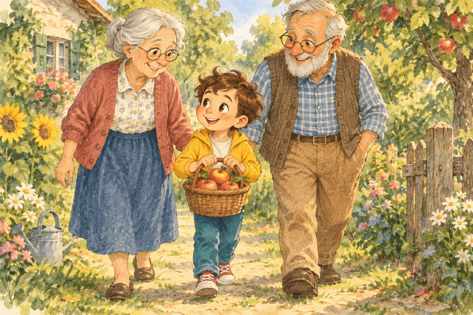Ein Junge geht mit seiner Oma und seinem Opa durch einen Garten.